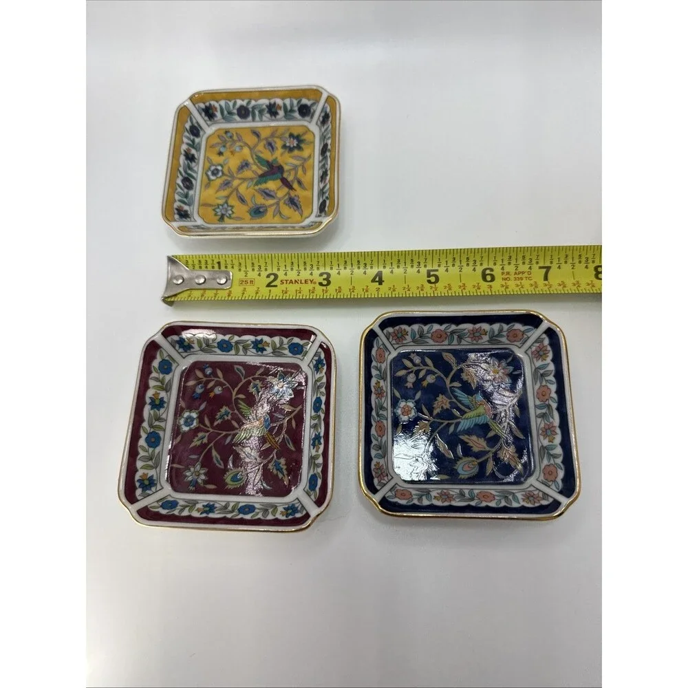 Set of 3 Takahashi 1983 Silk Road Trinket Dish Floral Bird Hand Decorated 3.25”
